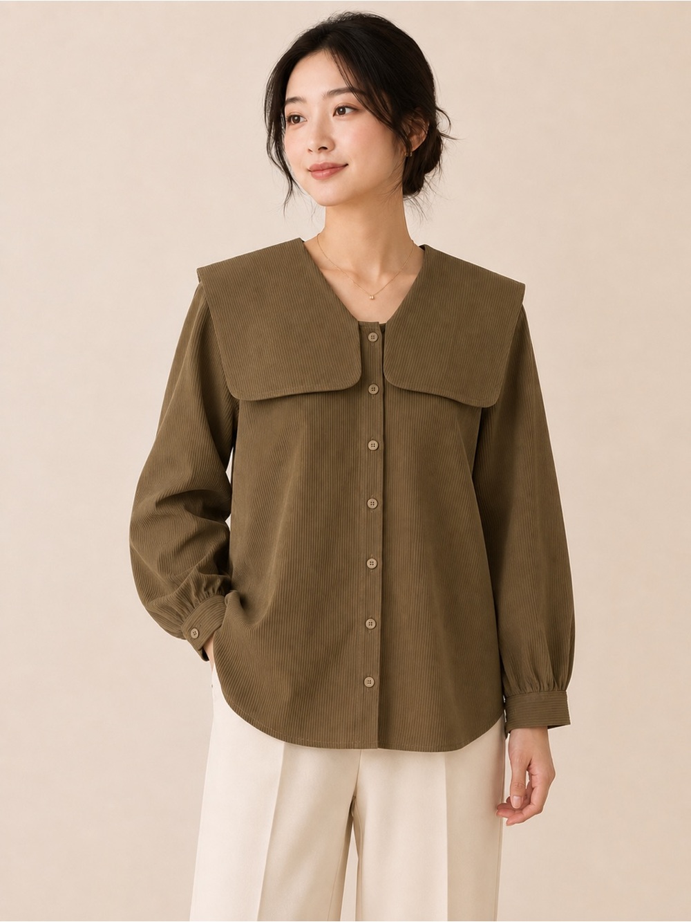 Olive Brown Oversized Sailor Peter Pan Collar Cotton Button Blouse